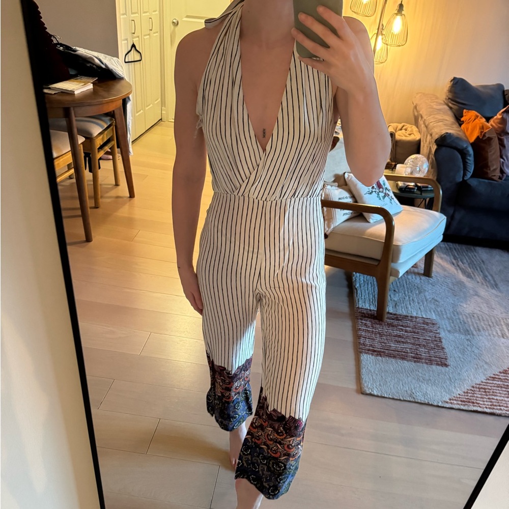 Zara White and Black Striped Jumpsuit with Paisley Hem